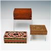 Image 1 : 3pc Inlaid Wood, Enameled Metal, and Plain Wooden Boxes