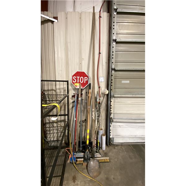 SCRAPERS, BROOMS, STOP SIGN & POST HOLE DIGGER SHOVEL