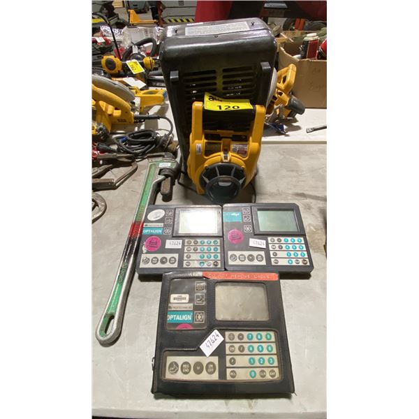 3 PRUFTECHNIK LASER ALIGNMENT CONTROLLERS, PIPE WRENCH, DEWALT DW074 ROTARY LASER & TOOLTECH SPACE