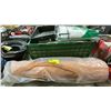Image 1 : BIN OF ASSORTED DROP CLOTHS, CHEMMAX2 3X PROTECTIVE CLOTHING, SMALL ROLL OF SCREEN, PAINTERS TRAY &