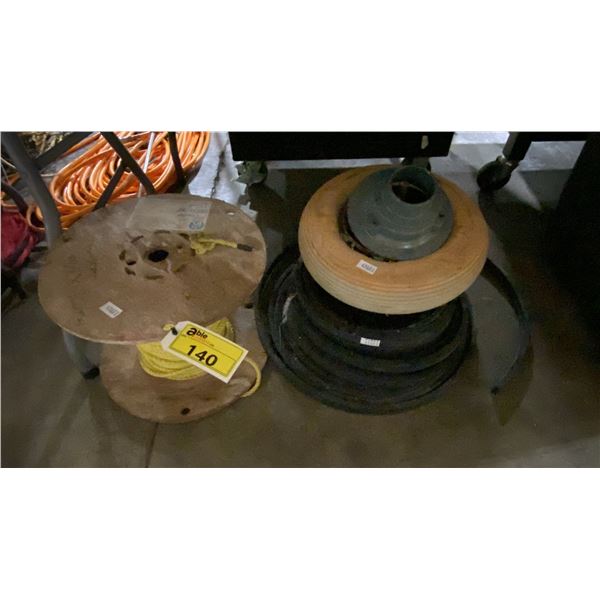 ROLL OF RUBBER STRIP, PARTIAL SPOOL OF YELLOW ROPE & PNEUMATIC REPLACEMENT TIRE