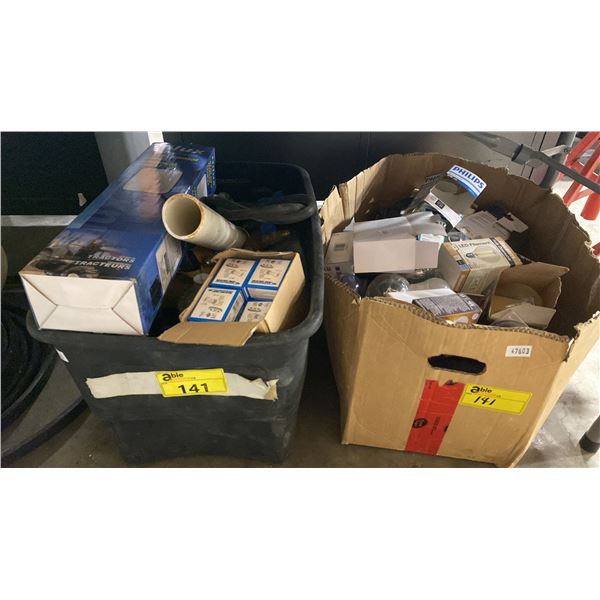 2 BOXES OF ASSORTED LIGHT BULBS, MAINLINE STOP VALVES, AUTOMOTIVE MIRROR & ASSORTED PLUMBING PARTS