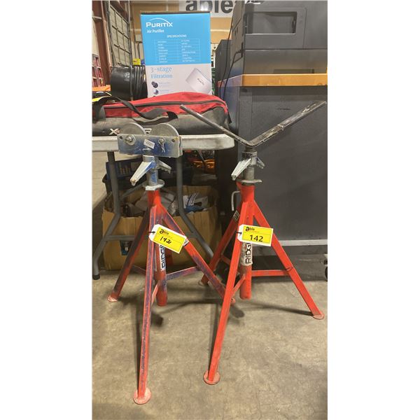 2- RIDGID ADJUSTABLE INDUSTRIAL PIPE STANDS, VJ-99 WITH V-HEAD & RJ-99 WITH ROLLER HEAD