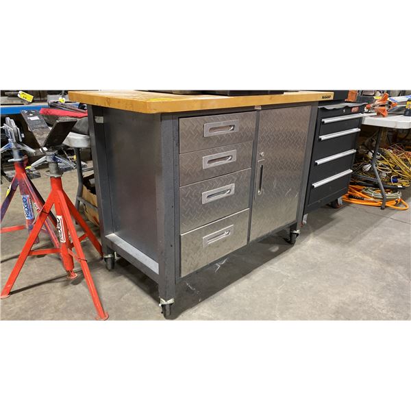 MASTERCRAFT 48"W X 24"D X 37"H MOBILE CHECKER PLATE WOOD TOP 4 DRAWER SINGLE DOOR INDUSTRIAL TOOL