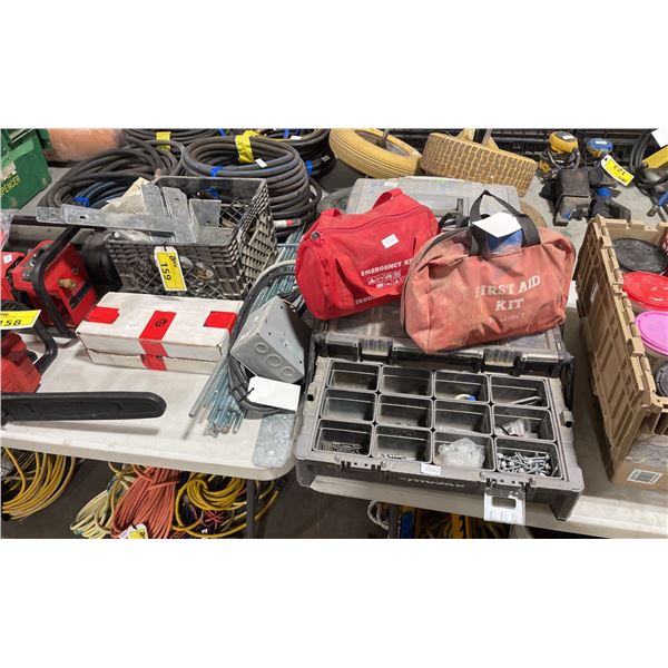 2 FIRST AID KITS, CRATE OF ASSORTED HARDWARE, INDUSTRIAL READY ROD, ELECTRICAL BOX WITH CABLE,