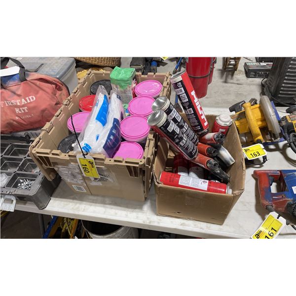 3 HILTI CF-DS1 COMPOUND GUS WITH BOX OF HILTI SPRAY FOAM & FOLD TOP BIN OF ASSORTED INDUSTRIAL