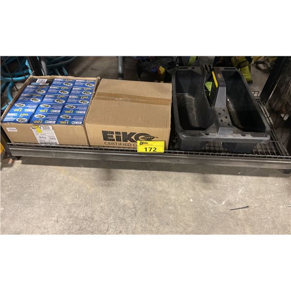 2 BOXES OF EIKO 100W 130V GARAGE DOOR LIGHTS & STANLEY PLASTIC TOOL TRAY