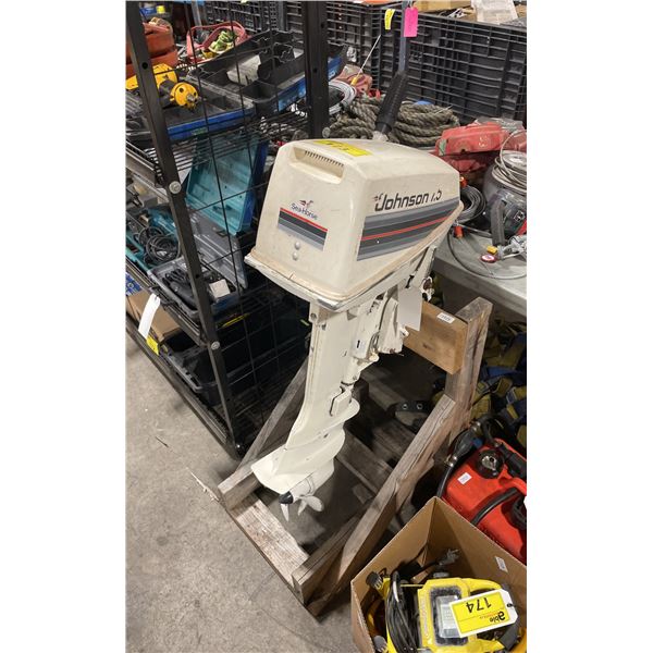 JOHNSON 7.5 SEA-HORSE GAS POWERED OUTBOARD MOTOR WITH TILLER ARM & SMALL RED MARINE GAS CAN
