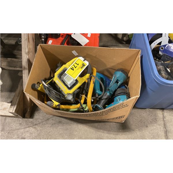 BOX OF ASSORTED INDUSTRIAL WORK LIGHTS & POWER TOOLS