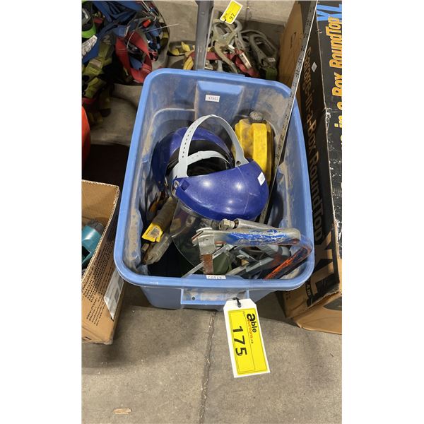 BLUE PLASTIC BIN OF ASSORTED HAND TOOLS, SAWS, CAULKING GUNS & FACE SHIELDS