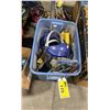 Image 1 : BLUE PLASTIC BIN OF ASSORTED HAND TOOLS, SAWS, CAULKING GUNS & FACE SHIELDS