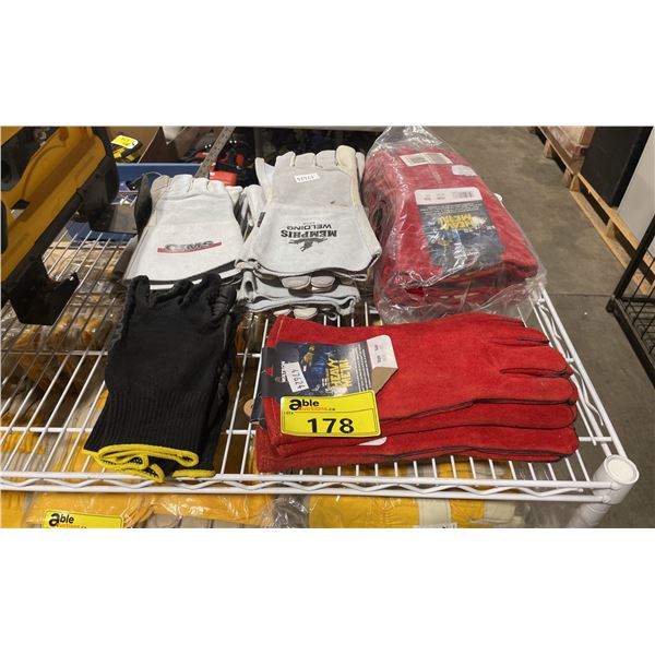 ASSORTED PAIRS OF HEAVY METAL WELDING GLOVES, GREY WELDING GLOVES, & BLACK RUBBER PALM WORK GLOVES