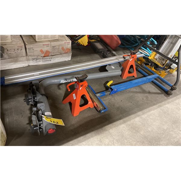 KREG ACCU-CUT GUIDE, SPORTRACK BIKE RACK, BLUE ROLLER STAND & 2 SMALL ORANGE AXLE STANDS