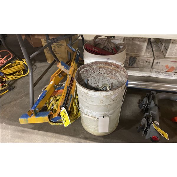 2 LADDER RACKS, BIN OF INDUSTRIAL CHAINS, RIGGING ROPE, & BUCKET OF ROPES / HOOKS
