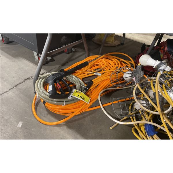 STACK OF ASSORTED AIR HOSE, WATER HOSE & PRESSURE WASHER NOZZLE