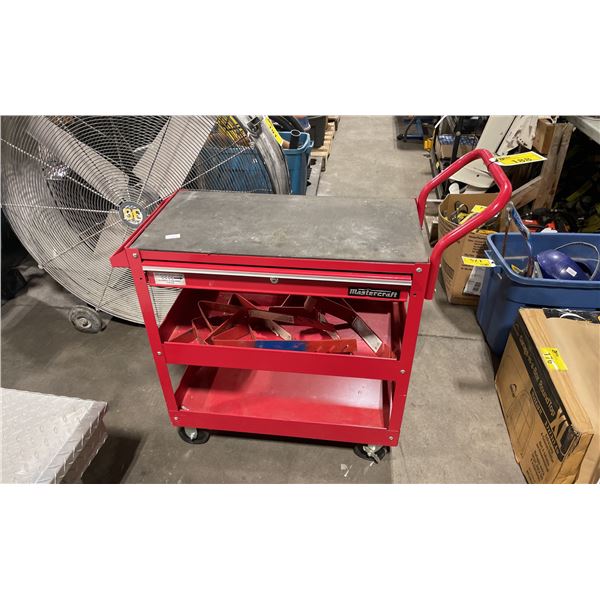 MASTERCRAFT RED 3 TIER SINGLE DRAWER MOBILE TOOL CART WITH RED LADDER HOOKS