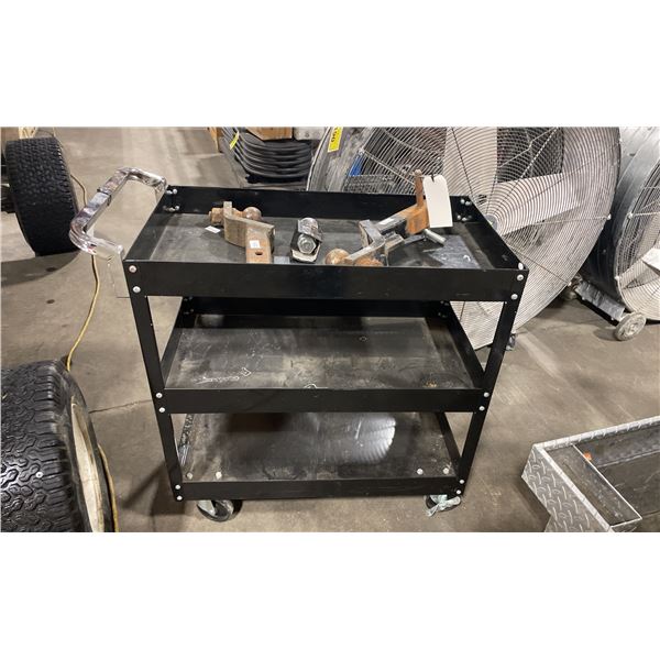 BLACK METAL 3 TIER MOBILE TOOL CART WITH 2 ASSORTED SIZED TRAILER HITCHES & 2 5/16" TRAILER BALL
