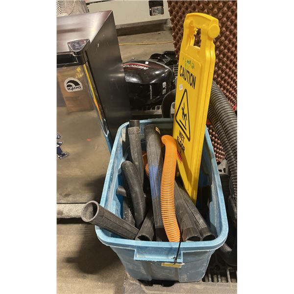 BLUE PLASTIC BIN OF ASSORTED SHOP VACUUM ATTACHMENTS & HOSES *PLASTIC BIN INCLUDED*