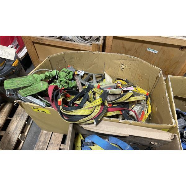 BOX OF ASSORTED RIGGING HARNESS & FALL PROTECTION STRAPS *MUST TAKE ALL IN BOX*