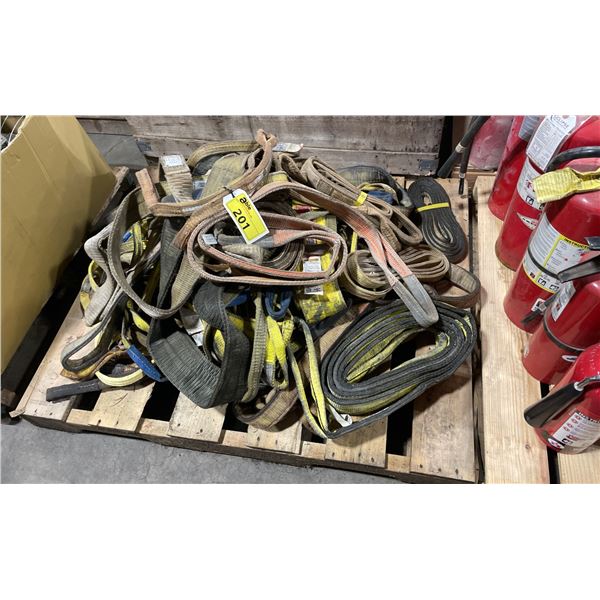 PALLET OF ASSORTED INDUSTRIAL LIFTING SLINGS / STRAPS *MUST TAKE ALL ON PALLET*