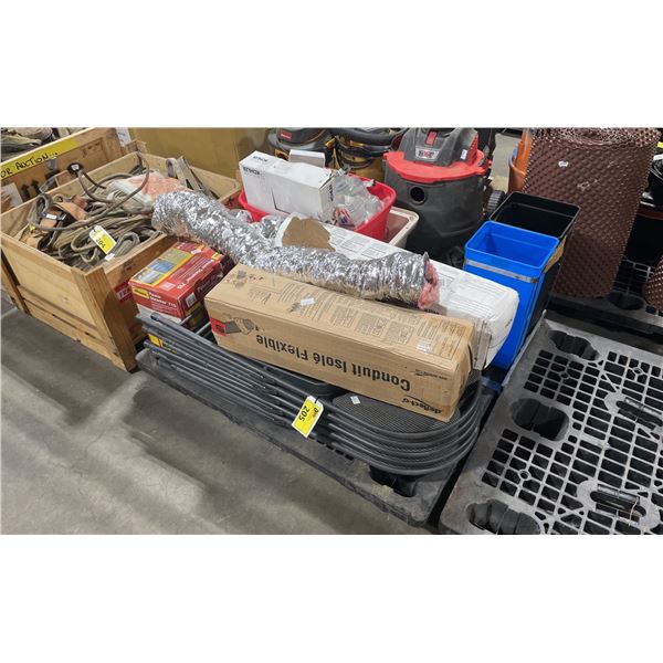 PALLET OF ASSORTED PLUMBING HARDWARE, WAGNER POWER STEAMER 715, DUCTING, WASTE RECEPTACLE, &