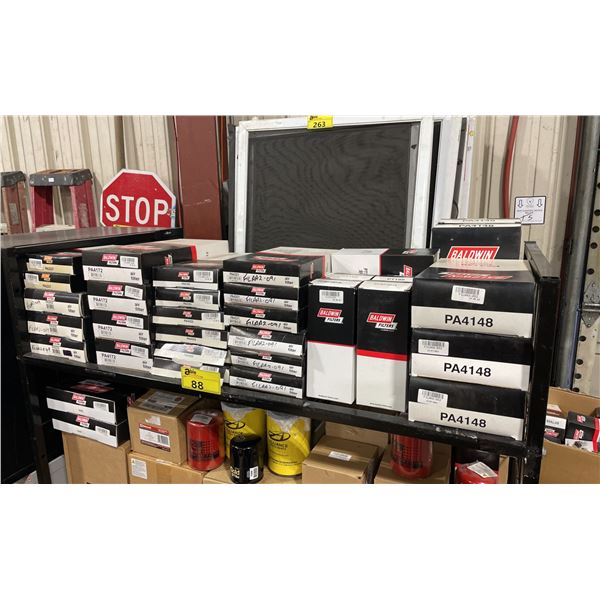 SHELF OF ASSORTED NEW INDUSTRIAL BALDWIN VEHICLE FILTERS *SHELF NOT INCLUDED*