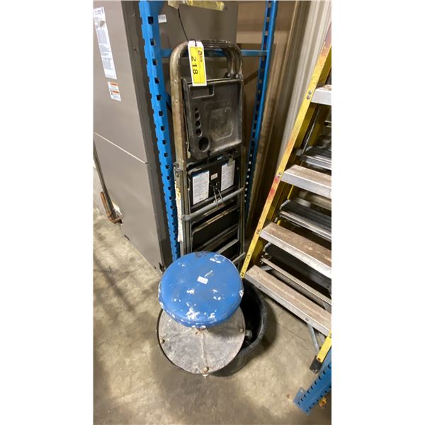 2 FOLDING STEP LADDERS, MOBILE SHOP STOOL & BIN OF ASSORTED INDUSTRIAL CASTERS *BIN INCLUDED*