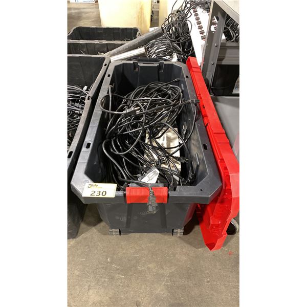 LARGE BLACK STORAGE TOTE OF ASSORTED COMMERCIAL ELECTRIC DIGITAL BALLASTS / ELECTRICAL ITEMS