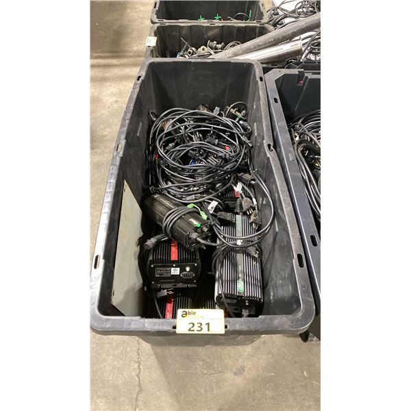 LARGE BLACK STORAGE TOTE OF ASSORTED COMMERCIAL ELECTRIC DIGITAL BALLASTS / ELECTRICAL ITEMS