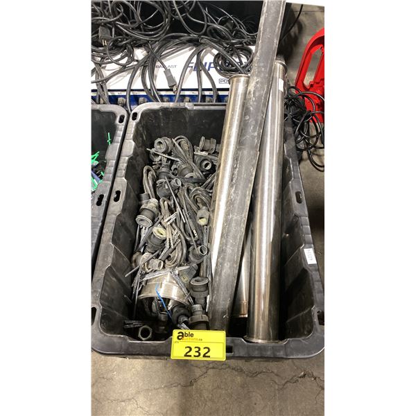 2 BLACK PLASTIC STORAGE TOTES OF ASSORTED ELECTRIC PUMPS, FITTINGS, PIPES, & ELECTRICAL CABLES