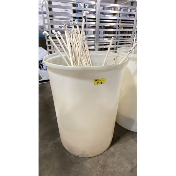 WHITE 30" DIAMETER X 44"H COMMERCIAL PLASTIC IRRIGATION BARREL WITH ASSORTED PIPING