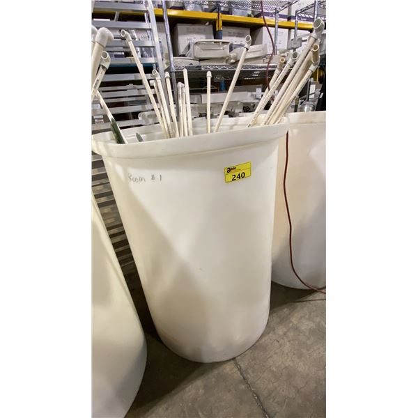 WHITE 30" DIAMETER X 44"H COMMERCIAL PLASTIC IRRIGATION BARREL WITH ASSORTED PIPING