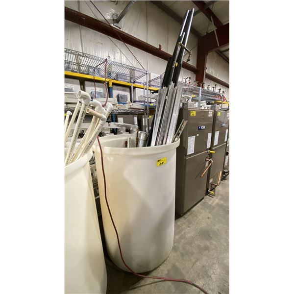 WHITE 30" DIAMETER X 44"H COMMERCIAL PLASTIC IRRIGATION BARREL WITH ASSORTED PIPING