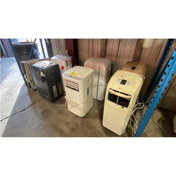 6 ASSORTED ELECTRIC AIR CONDITIONING UNITS, ELECTRIC RADIANT HEATER, & BIN OF CONDITIONER PIPES /