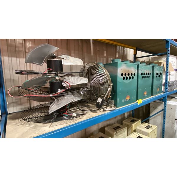 SHELF OF 3 COMMERCIAL ELECTRIC INSERT FANS, ELECTRIC FLOOR FAN, & 6 CVR COMMERCIAL CO2 GENERATORS