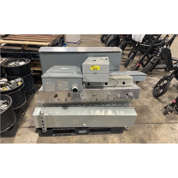 PALLET OF ASSORTED HEAVY DUTY INDUSTRIAL ELECTRICAL BOXES, BREAKER PANELS & SHUT OFF BOXES