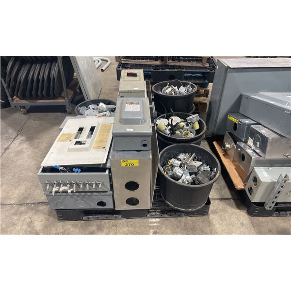 PALLET OF ASSORTED HEAVY DUTY INDUSTRIAL ELECTRICAL BOXES, BREAKER PANELS, SHUT OFF BOXES