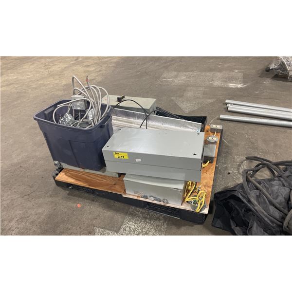 PALLET OF ASSORTED HEAVY DUTY INDUSTRIAL ELECTRICAL BOXES, BREAKER PANELS, SHUT OFF BOXES
