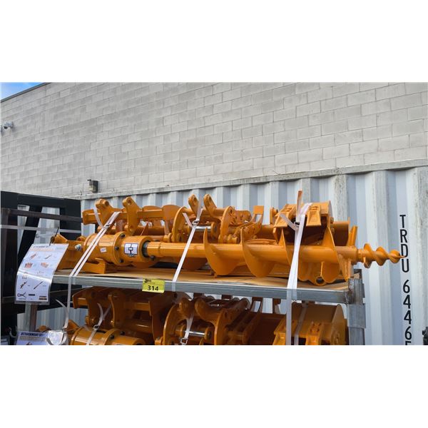 8 PCS CAT 301 YELLOW MINI EXCAVATOR MULTI ATTACHMENT SET INCLUDING SMALL DIGGING / CLEANING BUCKETS