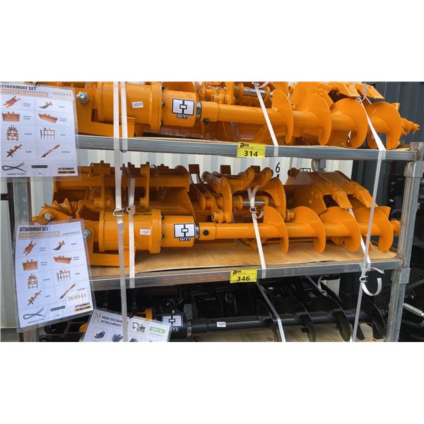 8 PCS CAT 301 YELLOW MINI EXCAVATOR MULTI ATTACHMENT SET INCLUDING SMALL DIGGING / CLEANING BUCKETS