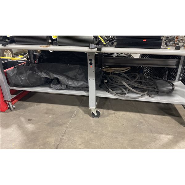 GROW TENT, INDUSTRIAL WATER HOSE, 3 BAGS OF ASSORTED GROW PADS, WOODEN MOBILE WORK STAND, & PLASTIC