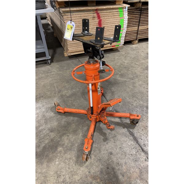 STRONGARM ORANGE HYDRAULIC INDUSTRIAL FOOT OPERATED MOBILE TRANSMISSION JACK *2 DAMAGED WHEEL