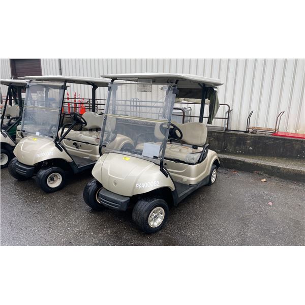 BEIGE CLUB CAR GAS ELECTRIC ASSISTED GOLF CART WITH FRONT WINDSHIELD & COVER *NO KEYS, NO