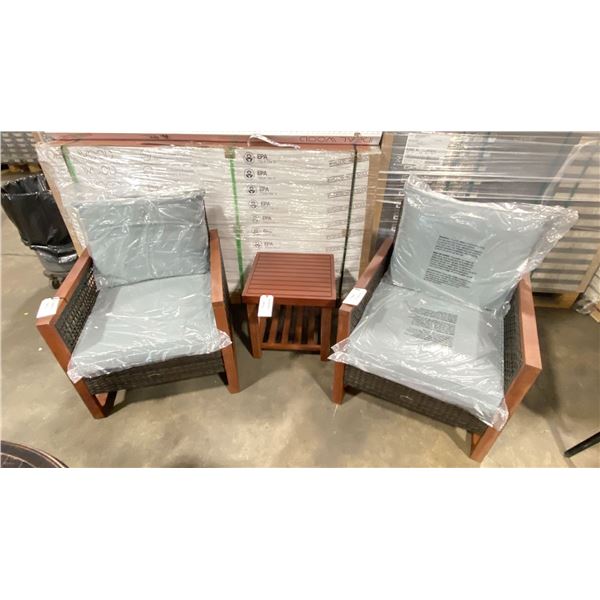 PATIOFLARE COLTON WOOD / PLASTIC RATTAN 3PCS OUTDOOR PATIO CHAT SET WITH GREY CUSHIONS