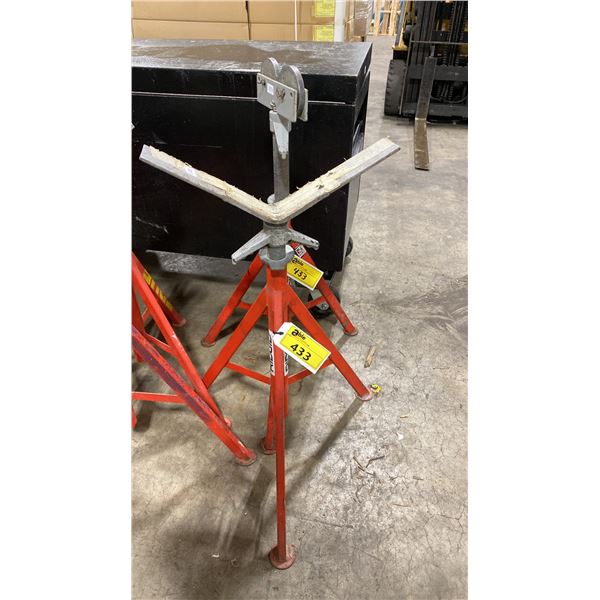 2- RIDGID ADJUSTABLE INDUSTRIAL PIPE STANDS, VJ-99 WITH V-HEAD & RJ-99 WITH ROLLER HEAD