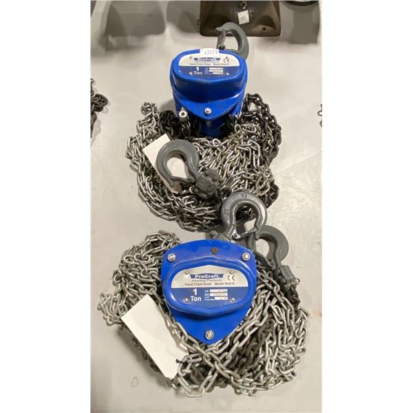 PAIR OF 1 TON PROCRAFT SHZ-D BLUE INDUSTRIAL HAND CHAIN HOISTS WITH EXTRA CHAIN