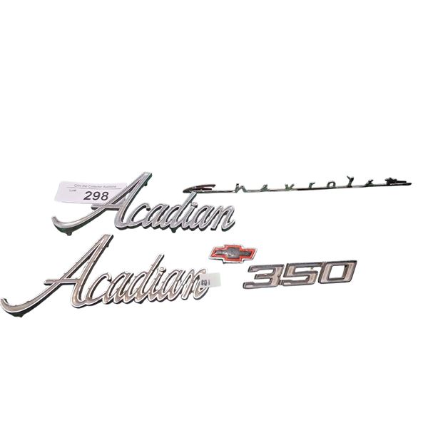 5 vintage car emblems, 350, Acadian, Dodge etc