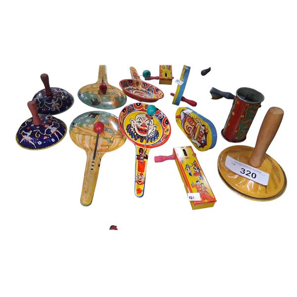 7 vintage tin litho noise makers