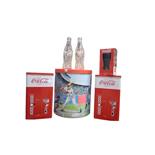 Coca-Cola collectible lot, cups, glass bottles, large tin