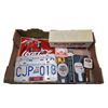 Image 2 : Box of vintage collectibles, license plate, Coke decals, beer tap handles, Radio Shack trailer